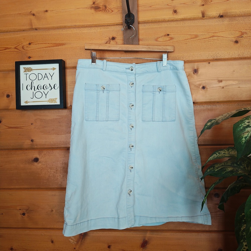 Vintage America Blues Mercado Light Wash Denim Button Front Skirt Stretch‎ Sz 12